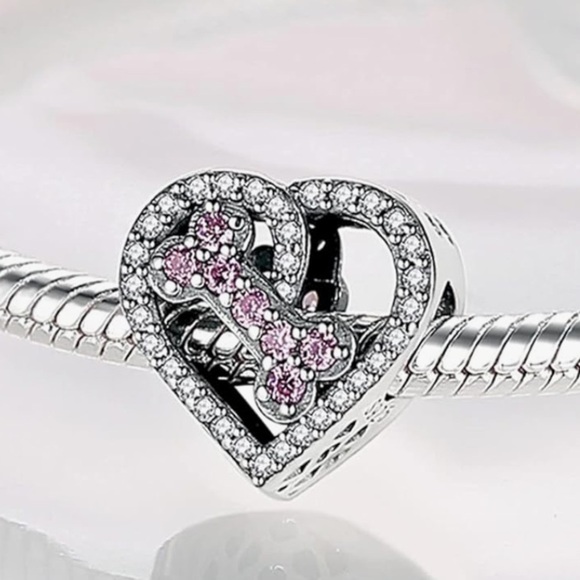 Puppy paw print with pink dog bone heart charm sterling 925 - Picture 2 of 3